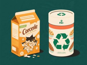 Visual illustration comparing traditional cereal boxes (with recycling challenges and fragile design) and modern cylindrical paper containers (FSC - certified, recyclable, durable, and visually appealing), highlighting the upgrade in sustainability, aesthetics, and functionality.