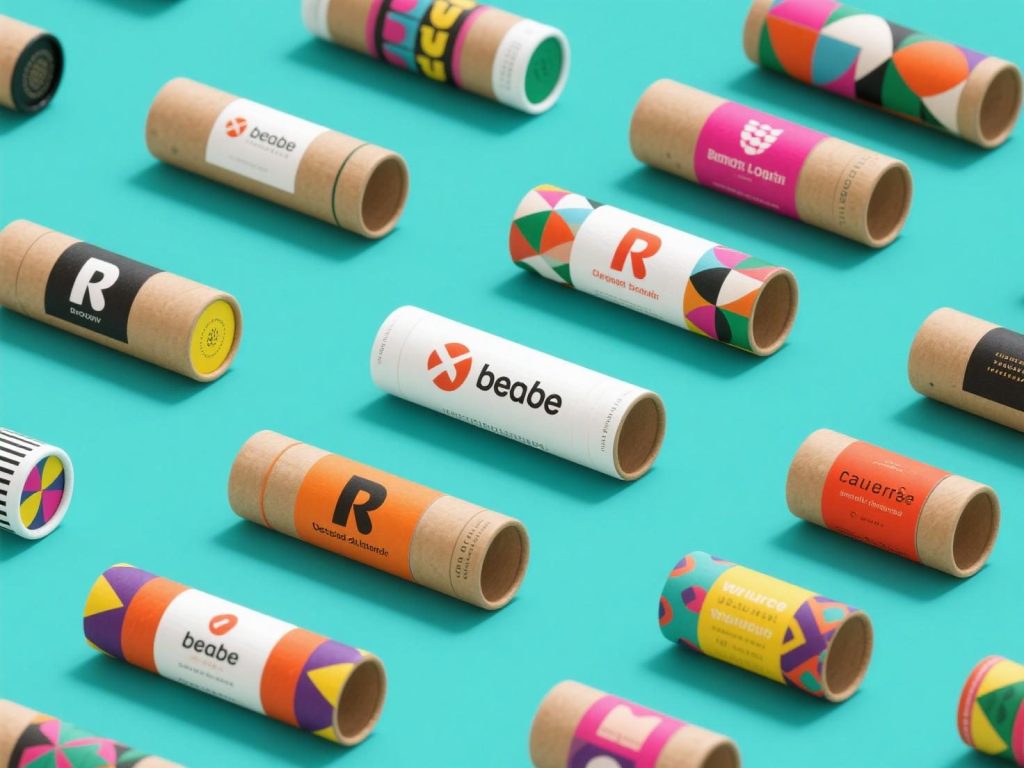 Assorted branded paper tubes with beabe, cauerrse and R logos on teal background. Vibrant geometric patterns and FSC-certified kraft paper material for eco-friendly cosmetic, food storage, and retail packaging solutions. Ideal for custom branding with recyclable cylindrical containers.