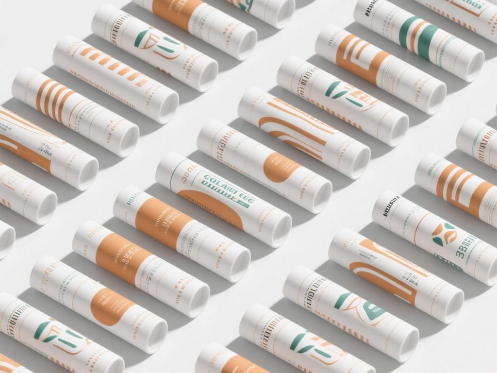 Custom printed tubes with vibrant colors and detailed designs, with a flowchart illustrating the collate printing process used in packaging.