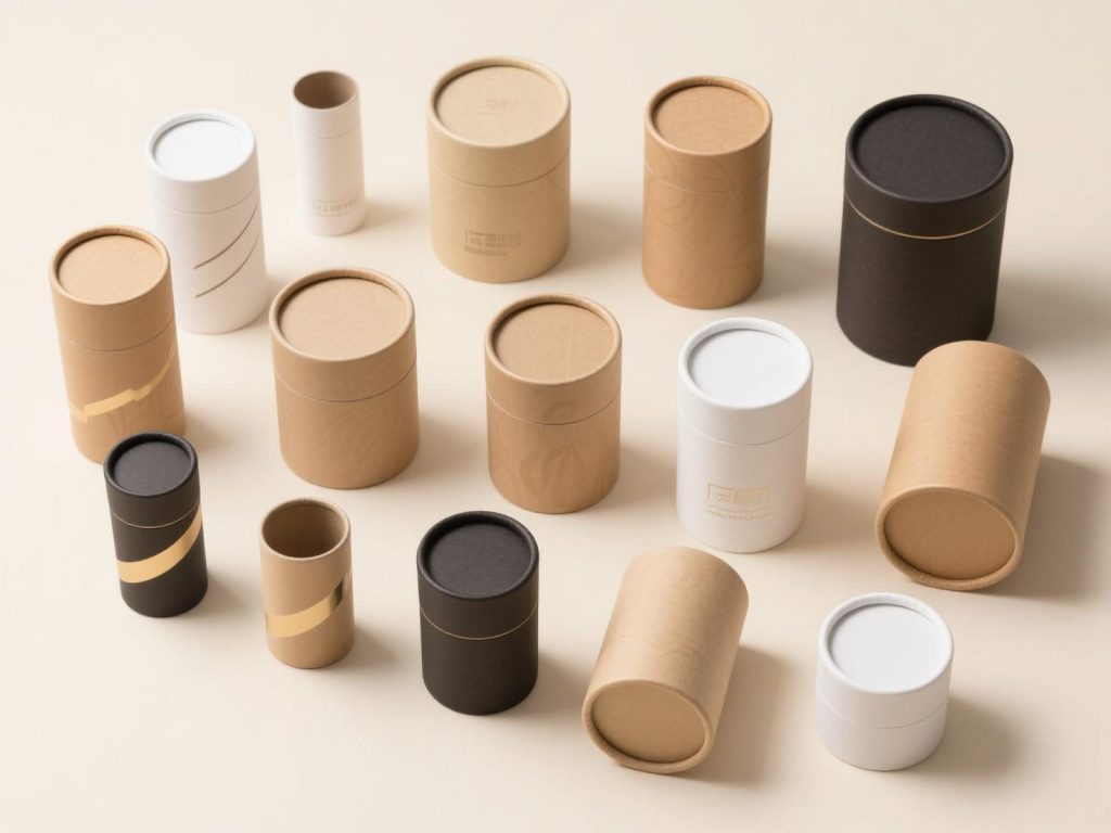 A variety of customized cylindrical paper containers with different sizes (snack - sized to family - pack), colors, and finishes (matte, gloss, embossing) to meet diverse brand needs.