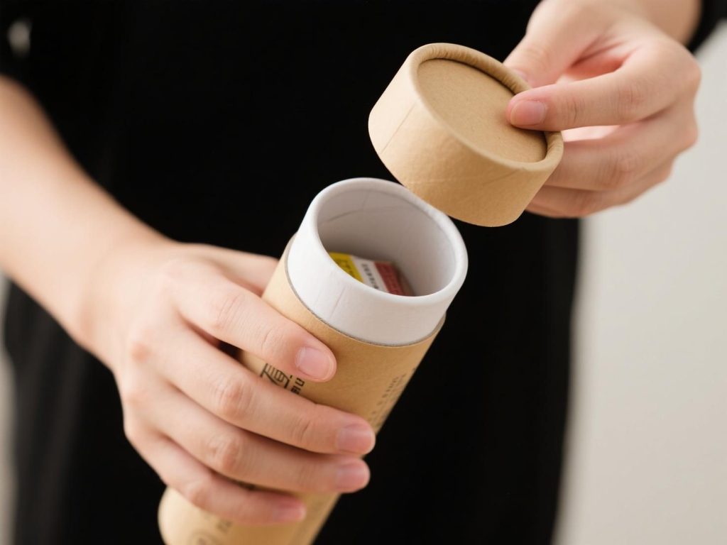 Hands opening a brown kraft paper tube with white-lined interior, showcasing sustainable packaging design for eco-conscious brands. Minimalist paper canister with detachable lid, ideal for tea packets, cosmetics, or small goods in biodegradable cylindrical containers.