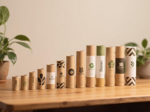 Assorted recyclable paper tubes with minimalist branding (Dolni, BOnnNUE, aBooTin) on wooden surface, featuring natural kraft paper, earthy tones, and greenery. Sustainable packaging design for eco-conscious businesses.