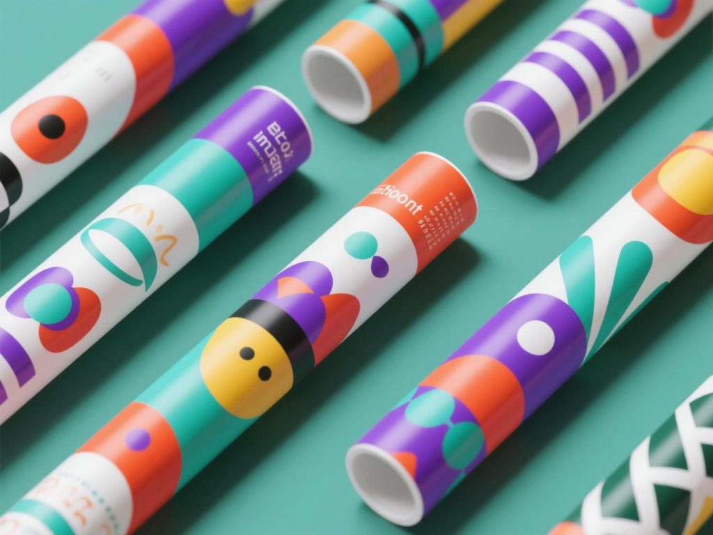 Custom printed packaging tubes with precise design alignment and vibrant graphics, highlighting high-quality print finish.