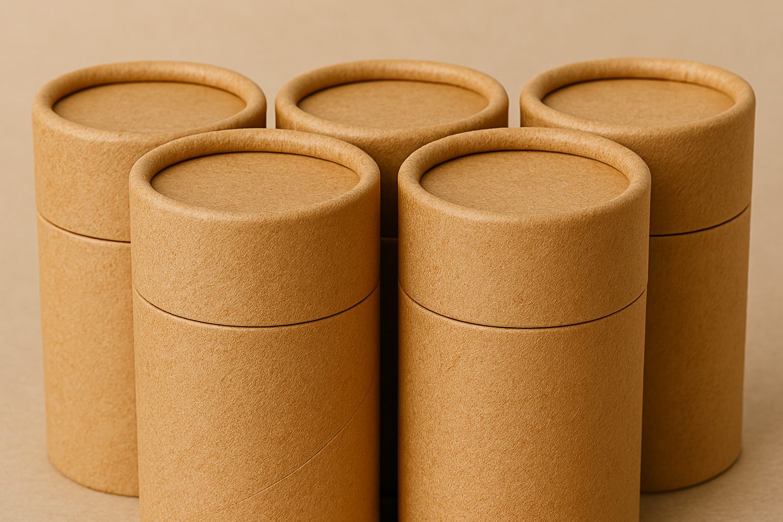 Natural brown biodegradable kraft paper tubes with seamless lids, arranged in eco-friendly packaging display for organic products. Recyclable custom-sized tubes for cosmetics, tea, and artisanal goods.