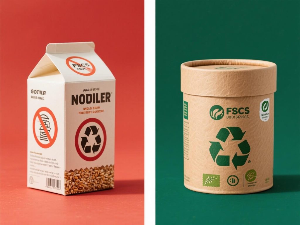 Visual comparison of a traditional non - recyclable cereal box and an FSC - certified recyclable cylindrical paper container, highlighting sustainability advantages.